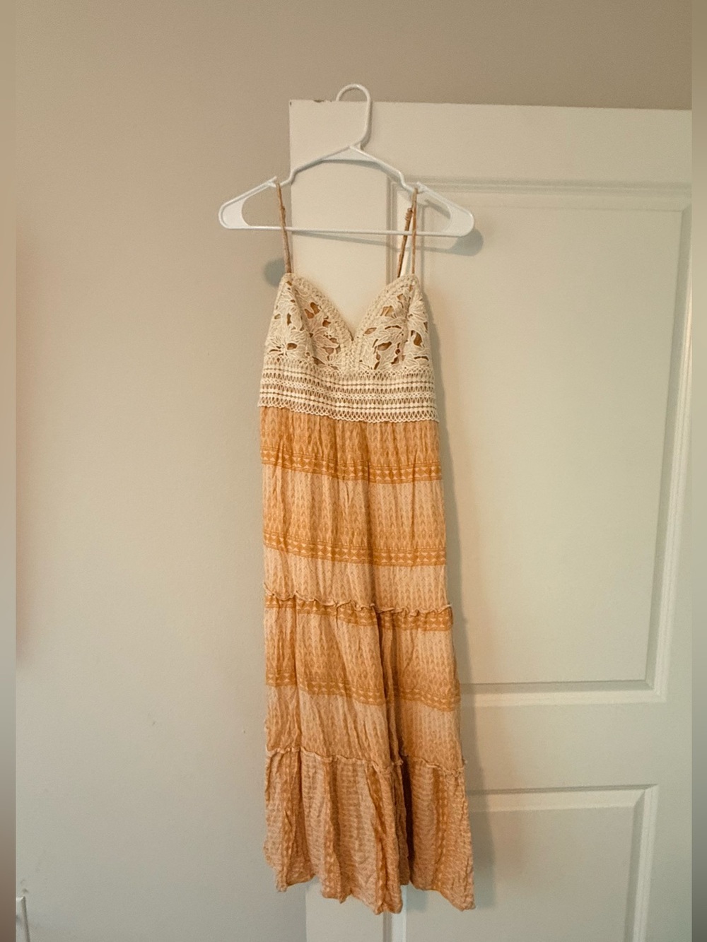 Timing Crochet Bodice Striped Maxi Dress in Cream and Tan